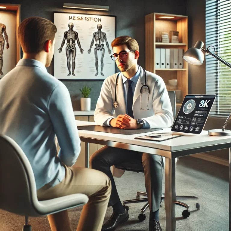 DALL·E 2025 03 26 16.30.50 An ultra realistic 8K image depicting a modern doctors office with a patient consulting a physician. The scene includes a doctor in a white coat atte